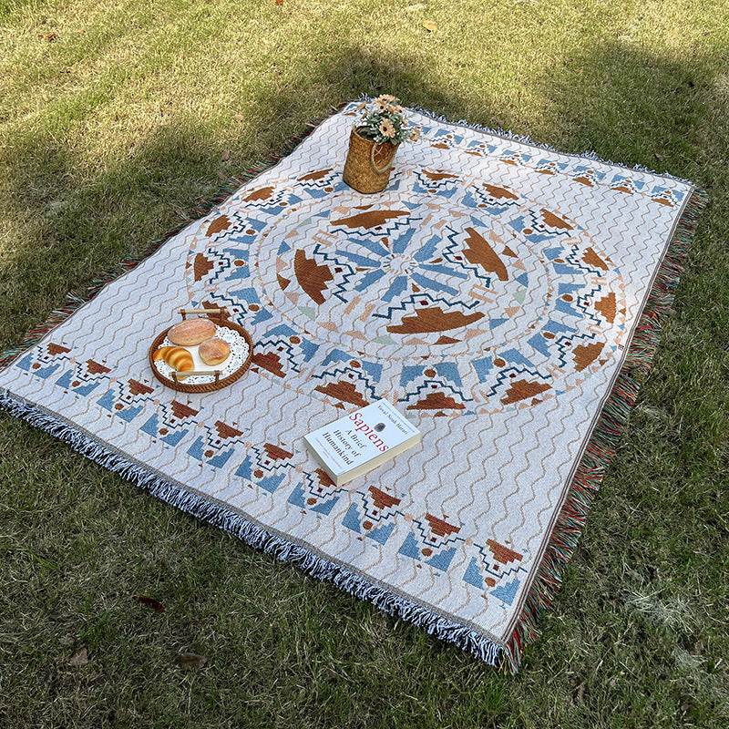 Portable Boho Picnic Blanket 150x200cm Polyester Mat with Fringes