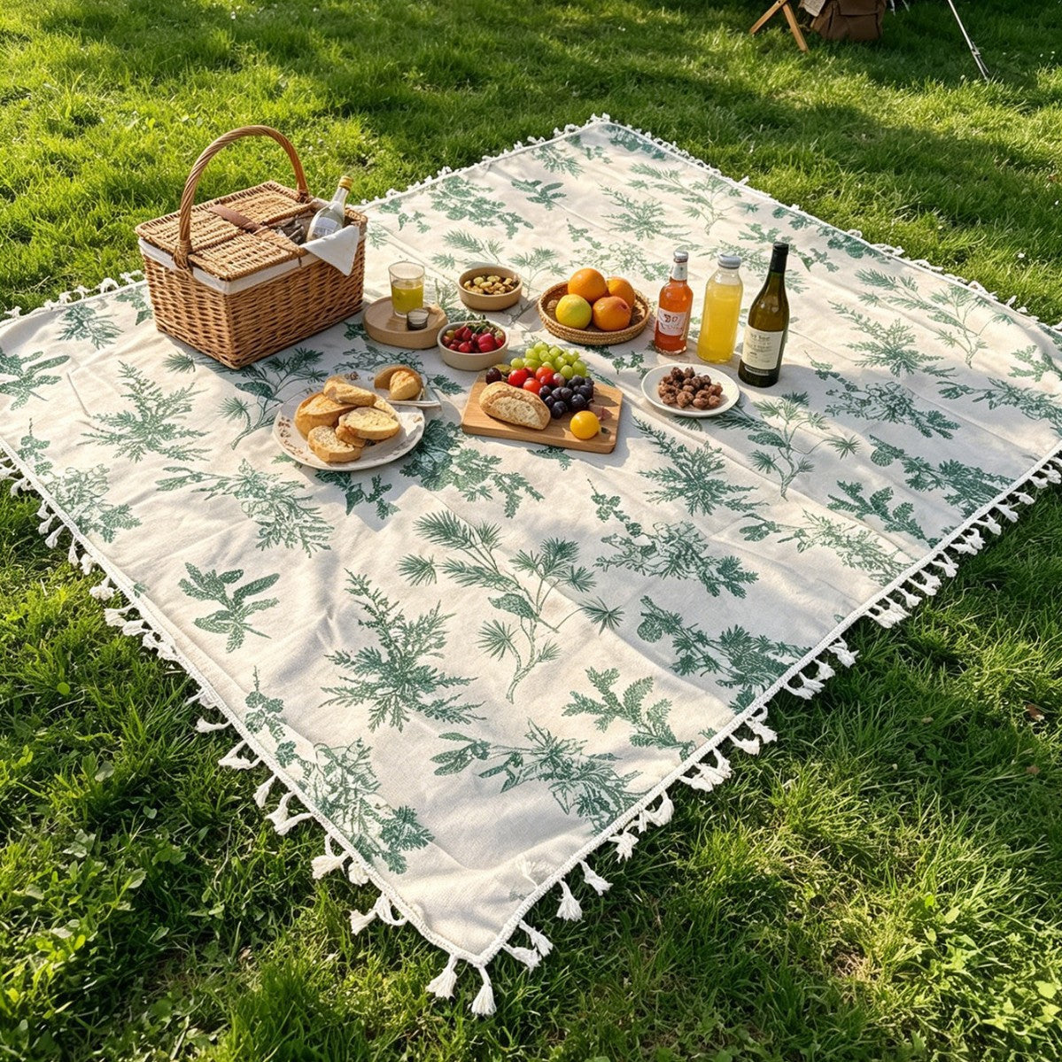 Picnic Blanket 140x220cm Polyester Mat with Fringes