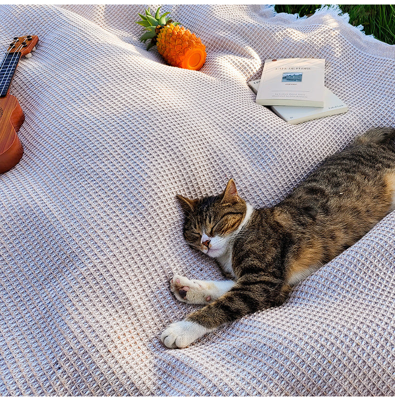 Cotton Blend Picnic Blanket 130x180cm Outdoor Mat with Fringes