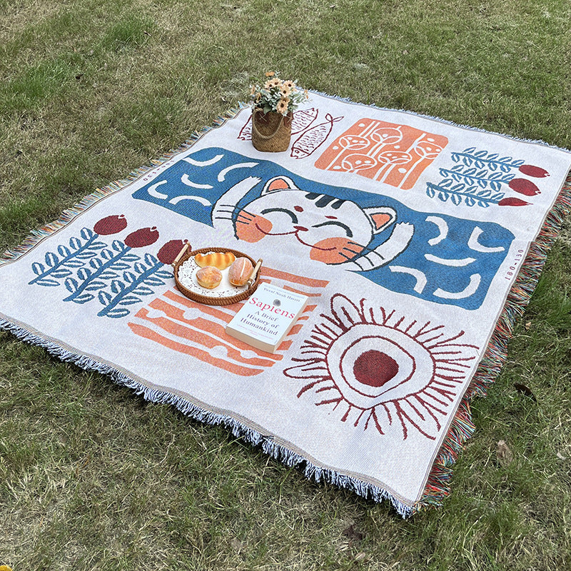 Portable Boho Picnic Blanket 150x200cm Polyester Mat with Fringes