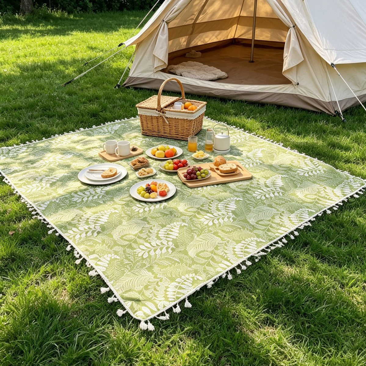 Picnic Blanket 140x220cm Polyester Mat with Fringes