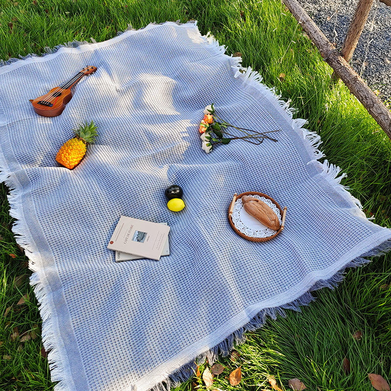 Cotton Blend Picnic Blanket 130x180cm Outdoor Mat with Fringes