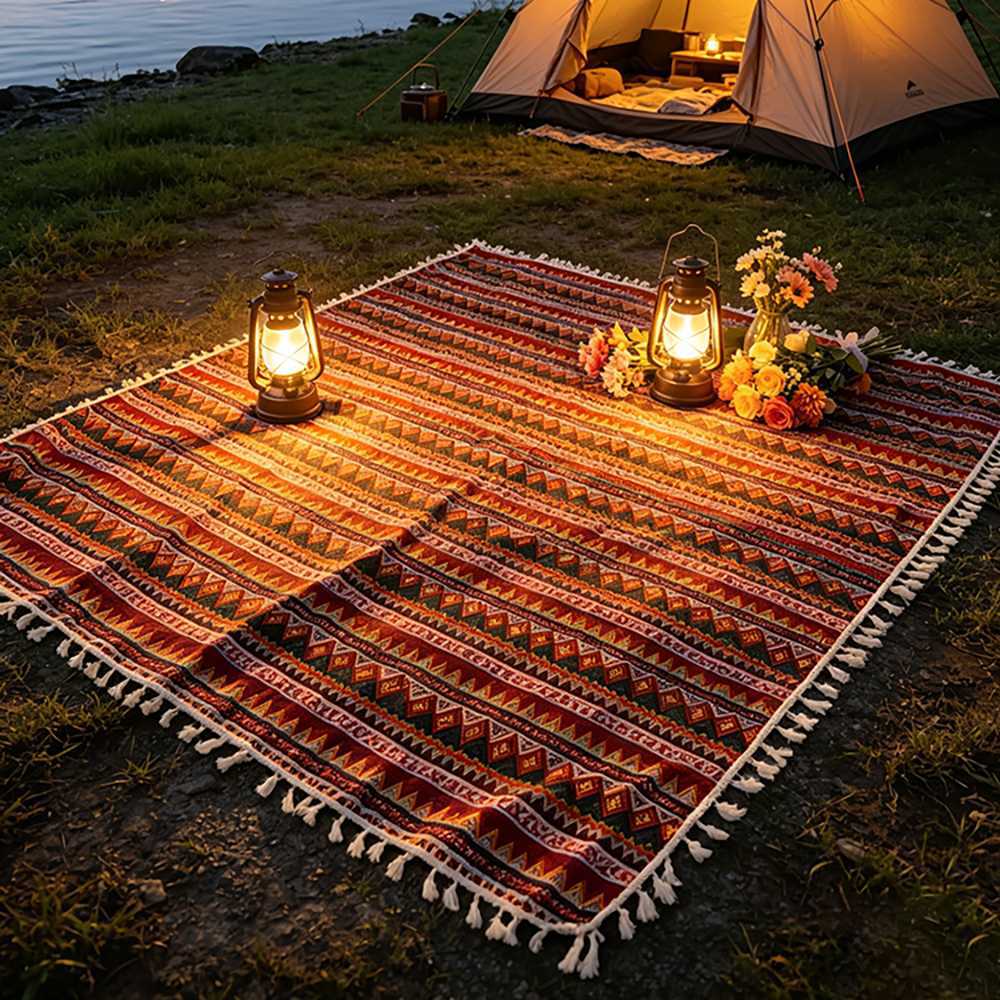 Picnic Blanket 140x220cm Polyester Mat with Fringes