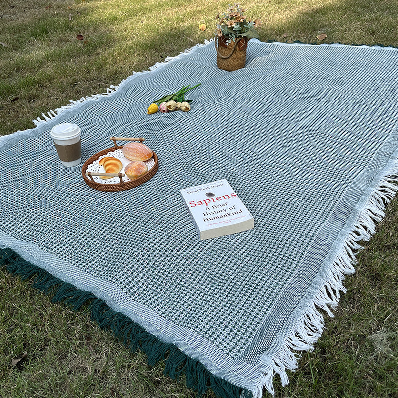Cotton Blend Picnic Blanket 130x180cm Outdoor Mat with Fringes