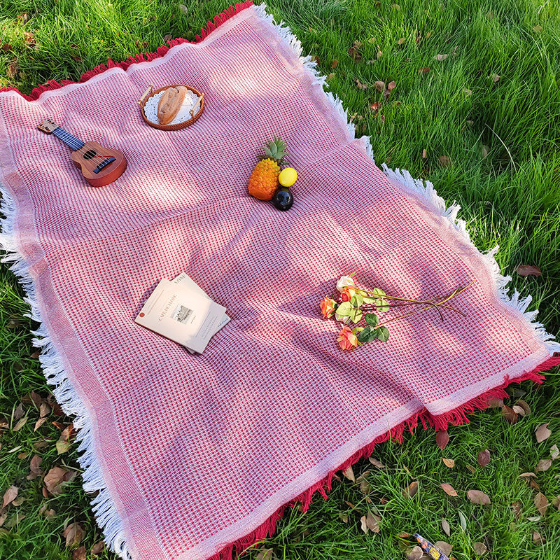 Cotton Blend Picnic Blanket 130x180cm Outdoor Mat with Fringes